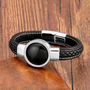 Charm Bracelets Fashion Woven Leather Rope Bangle Bracelet Stainless Steel Clasp Natural Stone Round Cz Men's Jewelry Party Gift