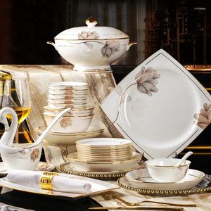 Zestawy zastawy stołowej Jingdezhen Bone China Strewa stołowa Zestaw Europejski miska i talerz Chińskie podręcznik ceramiczny Złoto Inkrustowane