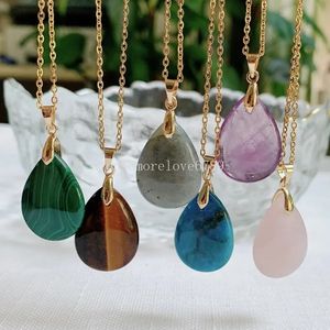 Water Drop Real Natural Crystal Stone Pendant Necklace for Women Blue Quartz Kyanite Green Malachite Purple Crystal Necklaces