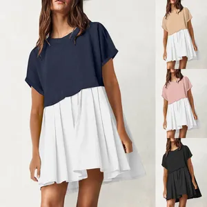 Casual Kleider Sommer Für Frauen 2024 Nette Plissee Patchwork Kurzarm Tops Lose Übergroßen Mini Kleid