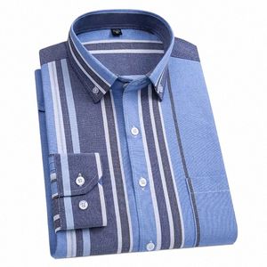 Erkekler Ekose Sıradan LG Kollu Gömlek Oxford Tek Yama Cep Çizgili Yeni Fi Busin Akıllı Dr Gömlek Erkekler Top Giyim R6L5#