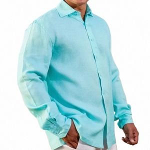Autumn Cott Linen Shirts For Men Casual LG Sleeved Shirts Bluses Solid Turn-Down Collar Formella strandtröjor Malekläder H0WH#