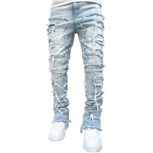 2023 Autumn Men's Casual Distrad Ripped Jeans Cool Slim Fit Solid Color Stretch Denim Pants Straight Leg Streetwear Trousers S2pp#