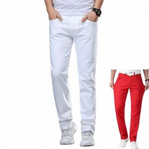 белые джинсы мужские плюс размер 36 38 40 свободные большие красные брюки растягивающиеся джинсовые мужские повседневные облегающие прямые эластичные мужские брюки 54gJ #