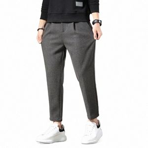 2023 Autumn Winter Suit Pants Men Thick Busin Elastic Waist Classic Grey Brown Woolen Straight Korean Formal Trousers Male M12C#