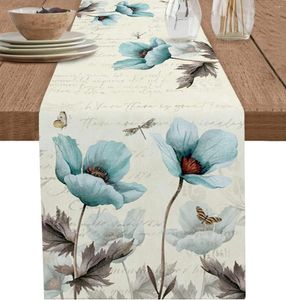 Table Cloth Teal Tulip Summer Flower Botanical Linen Runner Spring Floral Dresser Scarf Decor Kitchen Dining Wedding Deocr