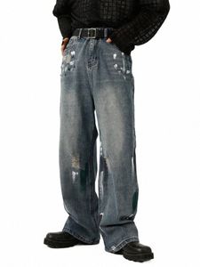 Houzhou överdimensionerade grafiska jeans y2k män rippade byxor med tryckt blå denim byxor manliga punk japanska streetwear hip hop x8oq#