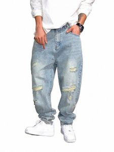 fi Mens Light Blue Buraco Jeans Rasgado Solto Fit Baggy Harem Pants Casual Streetwear Primavera LG Calças Cowboy Calças Jeans Q5Y0 #