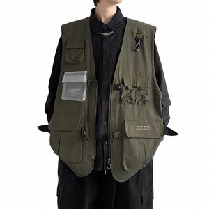 gilet uomo giapponese retrò multi tasche design casual bello estate cargo harajuku abbigliamento maniche adolescenti streetwear hip hop e0e7 #