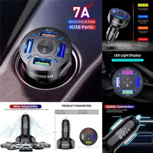 Upgrade 4 Ports Multi USB Car Charger 48W Quick 7A Mini Fast Charging QC3.0 for Iphone 12 Xiaomi Huawei Mobile Phone Adapter Android Devices