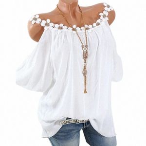 Kvinnors korta ärm O-hals skjorta, spetsblus, sexig off axelltröja, solida toppar, lösa kläder, sommar, 24933, 2024 K81Z#