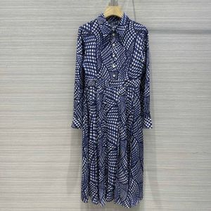 Womens Dress Fashion brand silk blue plaid printed lapel neck long sleeved midi dress