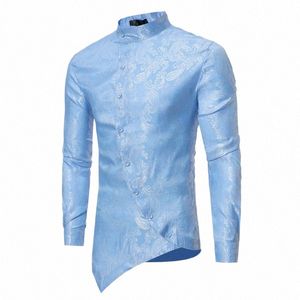 paisley Shirt Men 2018 Irregular Oblique Hem Social Shirt Mens Causal Butt Down Dr Shirts Slim Lg Sleeve Chemise Homme 18Vr#