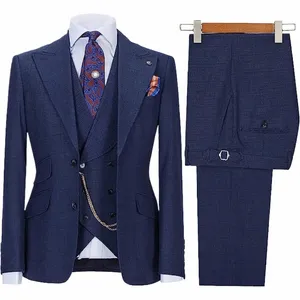 Lansboter Navy Blue Men Passar 3 stycken Slim Busin Casual For Wedding Groom Formal Work Tuxedo Jacket Vest With Pants 87Pi#