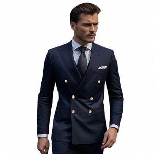 Chic Men's Suits Navy Blue Peak Lapel Double Breasted Elegant brudgum Full Set 2 -stycksjacka byxor Skinny Costume Homme Terno P0AA#