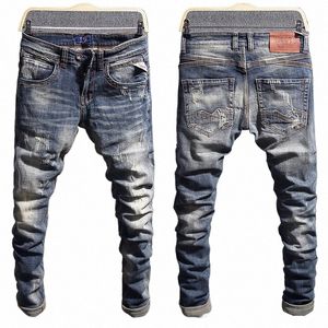 Italienische Fi Männer Jeans Retro Blau Stretch Slim Fit Zerrissene Jeans Männer Vintage Hosen Casual Designer Denim Hosen Hombre J1Qy #