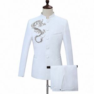 2023 Men's Casual Stand Collar Diamd Sequined Drag Suit / Manlig kinesisk stil Solid Color Blazers Jacka Pants 2 PCS Set E3RH#
