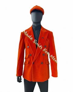 orange veet blazer sätter smala monterade 2 stycken dubbelbröst man jackor med svarta byxor bröllop brudgum elegant dres f9ia#