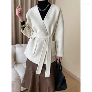 Casual Dresses High Quality Double-sided Cashmere Coat Women's Bathrobe 2024 Off-season Short V-neck Small Woolen