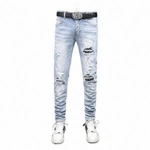 Street Fi Männer Jeans Retro Hellblau Elastic Skinny Zerrissene Jeans Männer Stretch Hose Patched Designer Hip Hop Marke Hosen 44Mu #