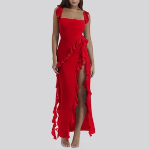 Casual Dresses Sexy Red Ruffles High Splits Prom Dress Women Fashion Square Neck Fit Wedding Guest Female Backless Maxi
