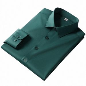 2024 Spring Men Casual N-Ir Silk Stand Solid Collor White-Green Comfort Busin LG Sleeve Bluzka Slim Fit Koszule 4xl-5xl Q3jn#