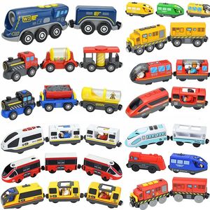 Magnetic Electric Train Car Locomotive Wooden Track Slot Diecast Railway With Two Carriages Train Wood Kid Toy Biro Leduo Track 240319