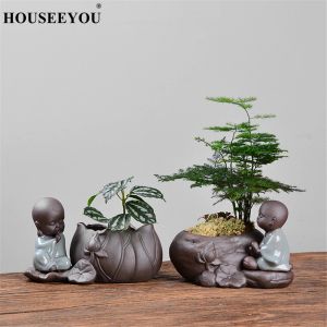 Planters Creative Little Monk Zen Purple Clay Hydroponic Succulents Flower Pot Ceramic Flower Vase Small Ornaments Living Room Decor