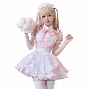 japanese Lovely Maid Plaid Costumes Soft Girl Halen Gothic Waitr Sweet Pink Dr Cute Bow Apr Maid Role Play Costumes o9Pp#