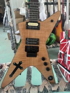 Wash Dimebag Darrell Figürlü Alev Maple Üst Doğal Elektro Gitar Gül Kara Klavye Abalone Demir Haç Floyd Rose Tremolo Grover Tuner Siyah Donanım