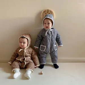 Down Coat Korean Style Baby Romper Jumpsuit Born Girls Thick Warm Rompers Hooded Winter Spädbarn Kläder Småbarn Kids Bomull