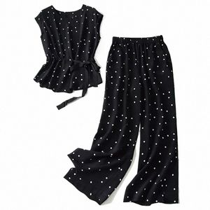Conjunto de duas peças Polka Dot O-Neck Lace Up Blusas de manga curta camisa elástica cintura alta perna larga tornozelo-comprimento calças conjuntos para mulheres k5iZ #