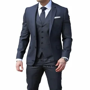 navy blue Men's Busin Suit 3-piece Slim Fit Jacket Pants Vest Formal Commuting Clothes Wedding Groom Tuxedo Y0A4#