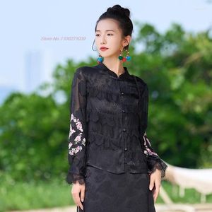 Ethnic Clothing 2024 Chinese Vintage Hanfu Tops Traditional Flower Embroidery Tang Suit Satin Jacquard Chiffon Blouse Oriental Sunscreen