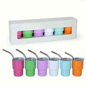 6pcs, Double Wall Stainless Steel, 2oz (60ml) Mini Shot Glass, Portable Cute Kawaii Tumbler with Lid Straw for Wine Coffee, Home Bar and Outdoor Use