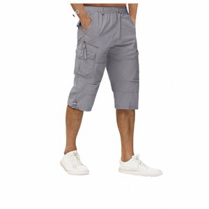 Magcomsen Męskie spodnie Capri Twill Elastic pod kolanami krótkie 3/4 Capri LG Shorts z 7 kieszeniami K6nn#