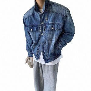 herr cool metall denim jacka vintage wed lapel lg hylsa jacka all-match män enkelbröst axel vadderade trendiga rockar r5hl#