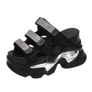 Slippers Summer womens flip flops beach sparkling short and chubby shoes wedge-shaped high heels external sandals platform slippers 10.5cm H240328