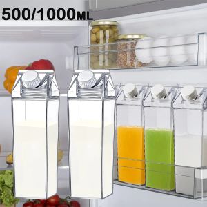 Jars 1/2Pcs Clear Milk Carton Water Bottle Portable 17/35 OZ Leakproof Square Coffee Juice Tea Storage Bottles for Outdoor Party