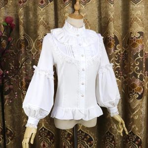 Women's Blouses Lolita Lantern Long Sleeve Blouse Gorgerous Lace Trim Turtle Neck Button Down White/Black