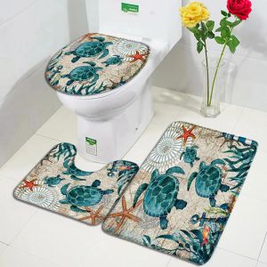 Tappetini Tartaruga marina Set tappetini da bagno Stelle marine Alghe marine Pesci Animali dell'oceano Mappa nautica vintage Tappeto Arredamento bagno Tappeti antiscivolo Coperchio WC