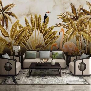 Wallpapers Milofi Personalizado Grande Papel de Parede Mural 3D Golden HD Tropical Folhas Flamingo Quarto Fundo