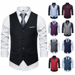 Summer Men's Vest Elegant V-hals Solid Color Sleewel Top Single Breasted Suit Slim Busin Casual Wedding Waistcoat 2024 W7S7#