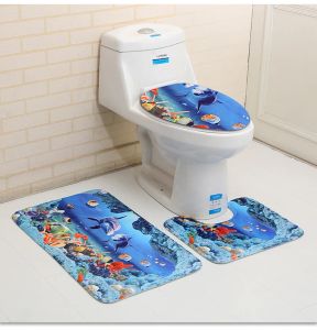 Tapetes golfinhos 3 peça tapete de banho 3d azul oceano toalete capa antiderrapante tapetes de banho assento do toalete acessórios para decoração do banheiro
