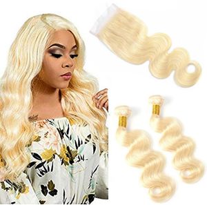 613 Blonde Body Wave 2 Bundles With 4X4 Lace Closure Malaysian Virgin Hair Extensions 830inch Bundles With Closure Baby Hair 6134324273