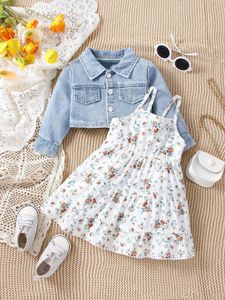 Baby Spring och Autumn Denim Coat Floral Slip Kjol Twopiece Casual Female Born Street Fashion Suit Outdoor Vacation Wear 240328