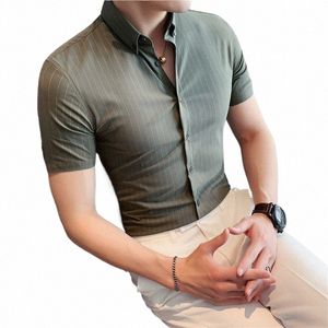 Plus-storlek M-4XL Högkvalitativa randiga skjortor Mens Kort ärm Busin Casual Shirts 2023 Summer Slim Fit Social Party Shirt R9fy#