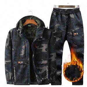 wear Resistant Fleece Camo Men's 2-piece Set Hood Multiple Pockets Windproof Waterproof Jacket Men's Outdoor Sports Skiing Suit O5kW#