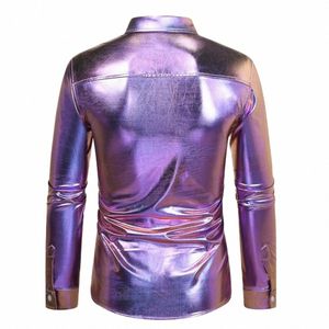 Revers Lg Sleeve Shirt Tops Pailletten Disco Shirt für Männer Lg Sleeve Butt Down Party Kostüm mit Shiny Golden für Weihnachten z7jd #