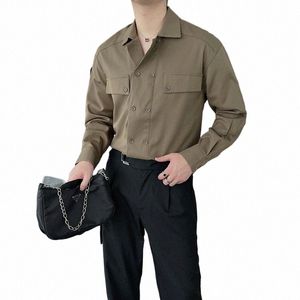 2022 Modaya uygun Koreli Erkek Gömlekler Bahar Sonbahar Fi Çift Kelime Çift Turn Yaka Giysileri LG Kollu Yakışıklı Adam Dr V9ey#